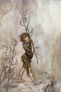 劇中のキャラクター「パック」。ウィリアム・シェイクスピア作「夏の夜の夢」のイラスト 作： Arthur Rackham