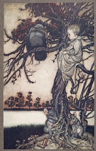 JMバリー（1860年-1937年）、パブによってケンジントンガーデンズのピーターパンからオールドソロモンカウの前に彼の奇妙なケースを置きます。 1906 作： Arthur Rackham