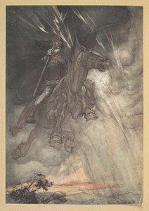 「怒涛のヴォータン、岩へ駆け上がれ！あらしのようにやってくる！」 作： Arthur Rackham