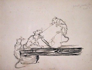 ネズミ！...桶からチーズを食べた！」ロバート・ブラウニング版「ハーメルンの笛吹き男」の挿絵、1934年発行（紙にペン＆インク 作： Arthur Rackham