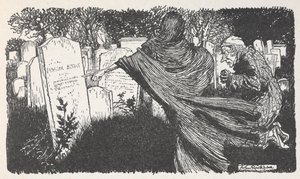 夜の墓地にいるスクルージと幽霊。 作： Arthur Rackham