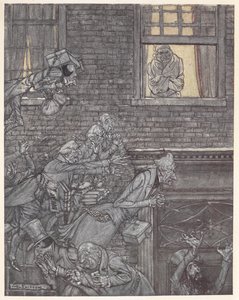 スクルージは窓際で下の通りの幽霊を見ている 作： Arthur Rackham