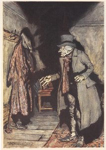 夜、彼の家にいるスクルージ 作： Arthur Rackham