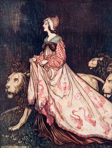 彼女は、パブのグリム兄弟の童話から、ライオンズを連れて立ち去りました。 1909 作： Arthur Rackham