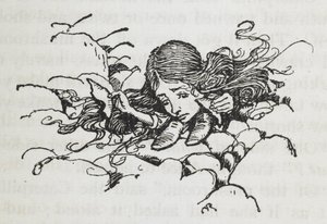 イモムシのキノコを食べて縮んだアリス 作： Arthur Rackham