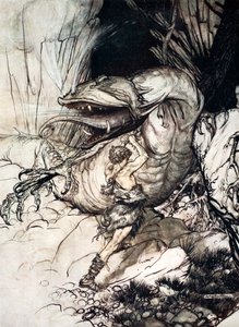 「ジークフリートがファフナーを殺す」、1924年。 作： Arthur Rackham