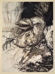 ジークフリートがファフナーを殺す、「ジークフリートと神々の黄昏」のイラスト、1924 作： Arthur Rackham