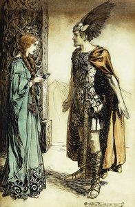 ジークフリートとグトルネの出会い：神々の黄昏、1911年 作： Arthur Rackham