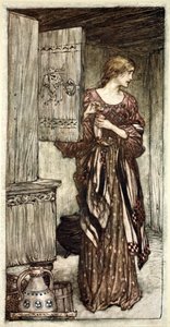 「ジークリンデは夜のためにフンディングの下書きを準備する」、1910年。 作： Arthur Rackham