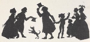 教会から帰る途中で人々に挨拶する少年と男性のシルエット。 作： Arthur Rackham