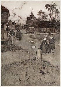 元の入植者の家のいくつか。ワシントンアーヴィングのリップヴァンウィンクルのパブ。 1910 作： Arthur Rackham