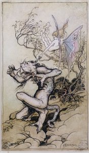 スプライトとモンスター、チャールズ（1775-1834）とメアリーラム（1764-1847）によるシェイクスピアのテイルズのイラスト1909（ペンとインク、トイレ） 作： Arthur Rackham