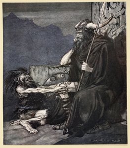 「私に誓って、ハーゲン、私の息子！」、「ジークフリートと神々の黄昏」のイラスト、1924 作： Arthur Rackham