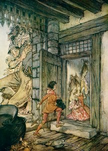 城の鍵を手にしたジャックは、すべての扉の鍵を開けました。 作： Arthur Rackham