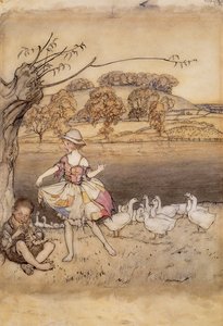 1918年に発行された、グーシェッドのパイプが踊りながら踊るタッターコート、イギリスのおとぎ話のイラスト、FAスチールによる再販、1918年発行（紙にペンとインクとトイレ） 作： Arthur Rackham