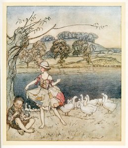 グーシャードがパイプを鳴らしながら踊るタターコート、英国のおとぎ話、パブ. 1922年。 作： Arthur Rackham