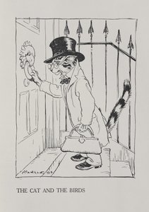 猫と鳥、「イソップ寓話」のイラスト、ハイネマン発行、1912 作： Arthur Rackham