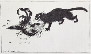 猫と雄鶏、「イソップ寓話」のイラスト、ハイネマン発行、1912 作： Arthur Rackham