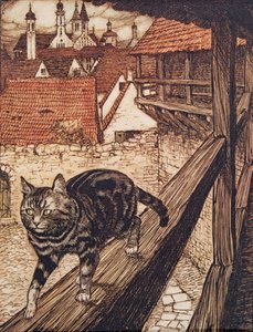 猫は市壁の後ろの教会に盗まれた、グリム兄弟の童話から、パブ。 1909 作： Arthur Rackham