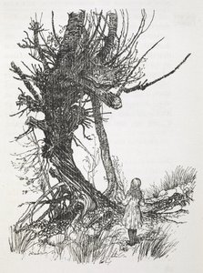 O Cheshire Cat em uma árvore olhando para Alice