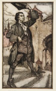 ジョナサン・スウィフト（1667-1745）の『ガリバー旅行記』より「リリパットの皇帝が軍隊を閲兵する」。1909年（カラーリトグラフ）。 作： Arthur Rackham