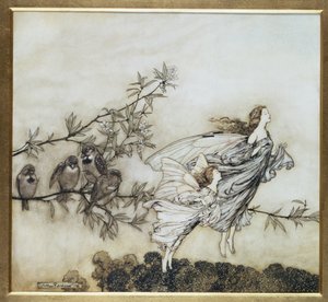 妖精は、鳥とのティフ、1906年のイラスト、パブJMバリーによってケンジントンガーデンズのピーターパンのイラスト。 1906（インクとトイレ）