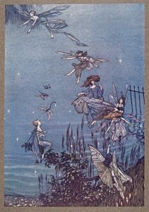 ケンジントンガーデンズのピーターパンのJMバリー（1860年-1937年）、パブからの蛇紋岩の妖精たち。 1906 作： Arthur Rackham