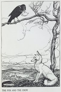 キツネとカラス、「イソップ寓話」のイラスト、ハイネマン発行、1912年（彫刻）