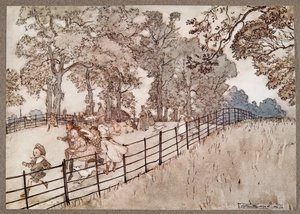 JMバリー（1860-1937）によってケンジントンガーデンズのピーターパンからパブでブロードウォークの一部であるハンプ。 1906 作： Arthur Rackham
