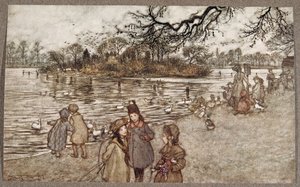 JMバリー（1860-1937）によってケンジントンガーデンズのピーターパンからパブのすべての鳥が生まれ、男の子と女の子になった島。 1906 作： Arthur Rackham
