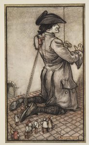 Lilliputian Tailorsは、パブのJonathon Swift（1667-1745）によるGullivers Travelsから、新しい服のガリバーを測定しています。 1909 作： Arthur Rackham