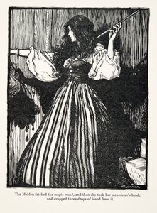 乙女は魔法の杖を手に入れ、それから彼女は継姉妹の頭を取り、パブのグリム兄弟の童話から血を3滴落としました。 1909