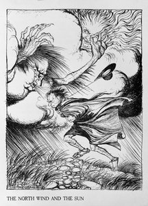 北風と太陽、「イソップ寓話」のイラスト、ハイネマン発行、1912 作： Arthur Rackham