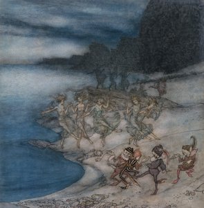パート フェアリーズとダッパー エルフ (水彩、ペン、黒インク) 作： Arthur Rackham