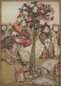 女王は怒って彼に背を向け、騎士に向かって「彼らを裏返しなさい」と言いました。1907年（カラーリトグラフ 作： Arthur Rackham
