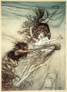 「アルベリヒをからかうラインの乙女たち」、1910 年。 作： Arthur Rackham
