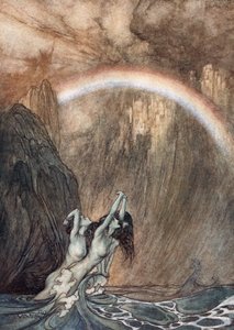 「ライン川の美しい子供たち、失われた金を嘆き、泣く」、1910年. 作： Arthur Rackham
