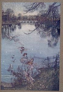 蛇紋岩は素敵な湖で、その底に溺れた森があります。端をじっと見れば、木がすべて逆さまに成長しているのがわかります。夜になると、木々が 作： Arthur Rackham