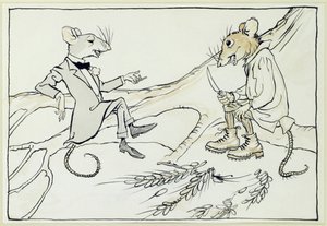 タウンマウスとカントリーマウス、イソップ寓話のイラスト、1912年に公開（紙にトイレ付きペンとインク）