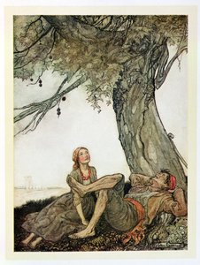 旅行者と平面ツリー、「イソップ寓話」のイラスト、ハイネマン発行、1912