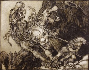 ヘラクレスの十二番目の労働、BG NiebuhrによるThe Greek Heroesのイラスト、1903年（紙にペンとインクとトイレ） 作： Arthur Rackham