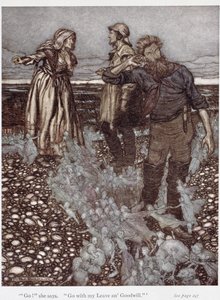 ラドヤード・キプリング（1865-1936）による「パック・オブ・プック・ヒル」からの未亡人のウィットギフトと彼女の息子、1906年（紙にペンとインクと水彩） 作： Arthur Rackham