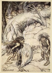 ファフナーの体をめぐって争うドワーフ、「ジークフリートと神々の黄昏」のイラスト、1924