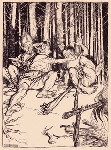 巨人は隣に座っていた人の耳に箱を渡しました。 グリム童話「巧みな猟師」のアーサー・ラッカムによるイラスト。 作： Arthur Rackham