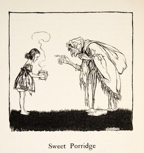 グリム兄弟の「リトル・ブラザー＆リトル・シスターとその他の物語」（1917年出版）より、小さな子が箱を持ってきた。 作： Arthur Rackham