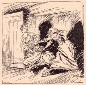A velha agarrou-a pelo vestido e tentou segurá-la. Ilustração de Arthur Rackham do conto de fadas de Grimm, A Árvore Encantada. 作： Arthur Rackham