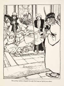 グリム兄弟の「Little Brother & Little Sister and Other Tales」（1917年出版）より、可愛い乙女が鹿のように軽やかにフープをくぐり抜けます。 作： Arthur Rackham
