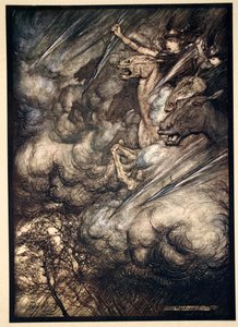 「ワルキューレの乗り物」、1910 年。 作： Arthur Rackham