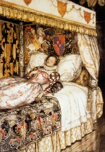 シャルル・ペロー「眠れる森の美女」の物語のための、アーサー・ラッカムによる眠っている王女のイラスト