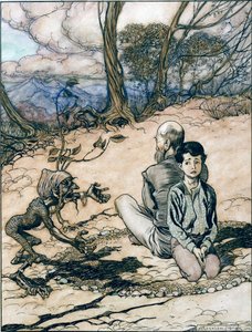 息子が輪を作り、その父親と彼はその中で場所を取りました、そして小さな黒いマンニキンが現れました、グリム兄弟のおとぎ話の黄金の山の王からのイラスト、 作： Arthur Rackham